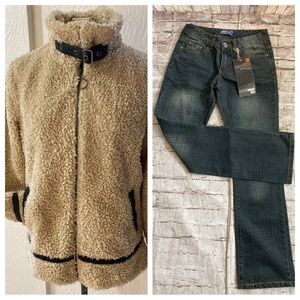 Bundle: madden girl fuzzy tan/brown faux leather trim jacket ,Be someone denim